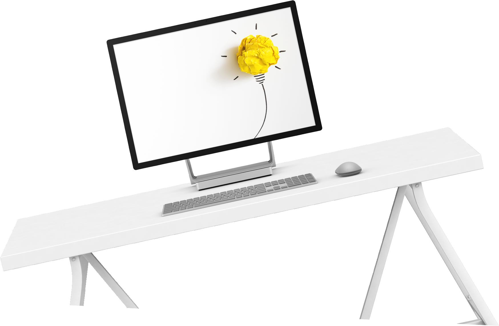 White desk composition on yellow background.
